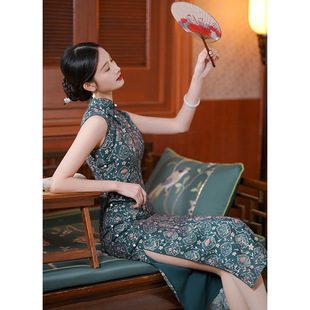 老上海复古风无袖旗袍2024春夏新中式年轻款少女长款印花连衣裙