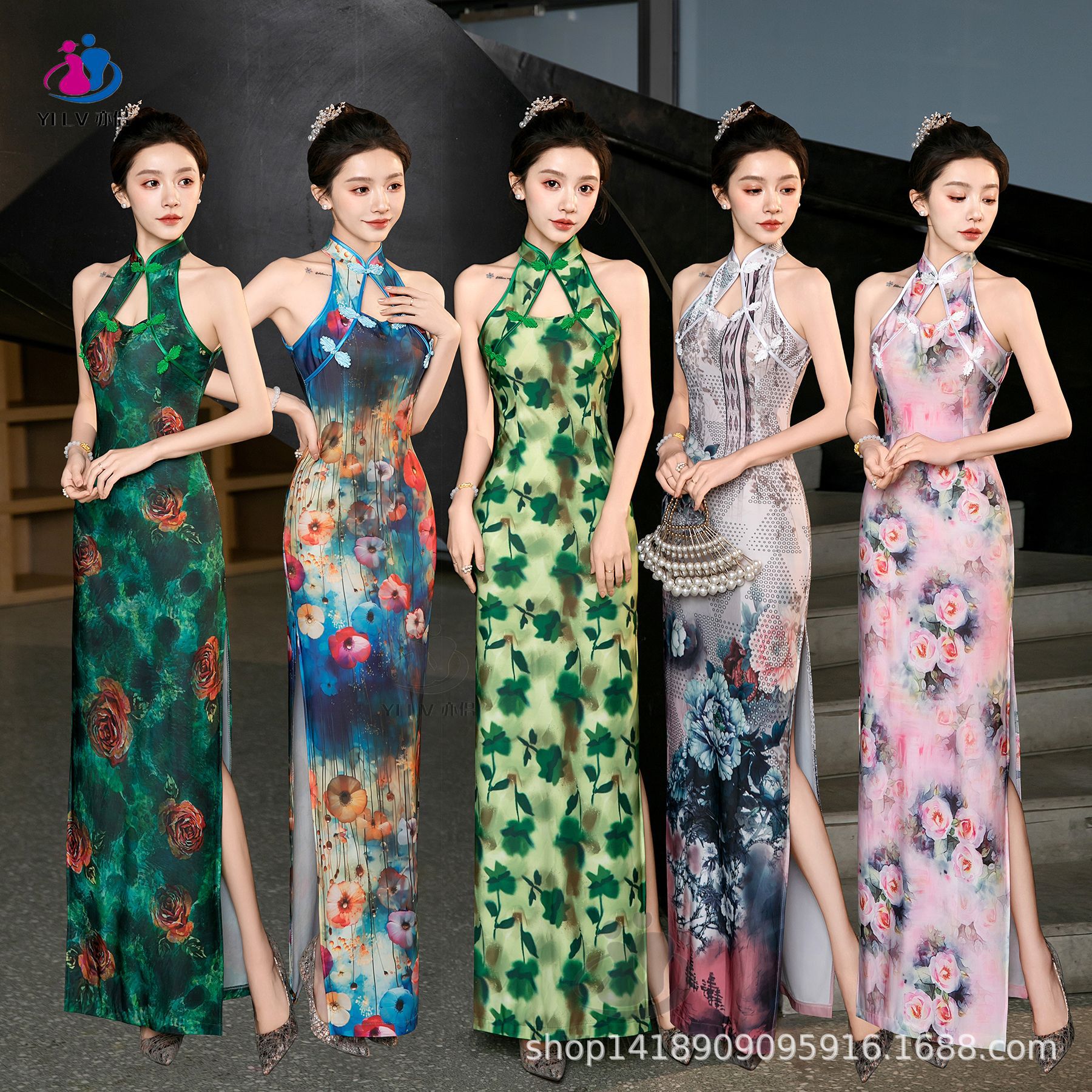 春夏季女装挂脖无袖连衣裙印花长裙夜场走秀表演服复古复古文艺