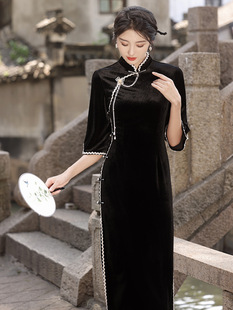 2024春季女士新款金丝绒旗袍连衣裙喇叭袖长款改良雪花绒修身旗袍