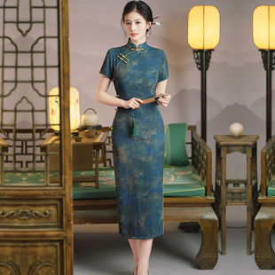 老上海复古2024春夏新款中国风仿醋酸长款复古旗袍女装连衣裙显瘦