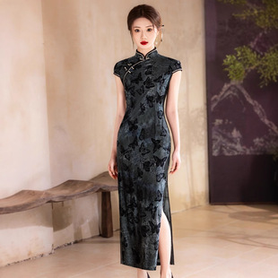 中国风旗袍礼服黑色旗袍扎染植绒新中式连衣裙高级修身显瘦日常