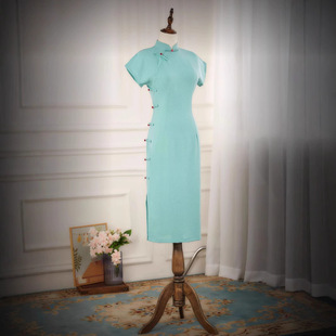 冰丝仿竹节天青色2025夏新款平裁连肩袖微胖遮肚子显瘦中长旗袍