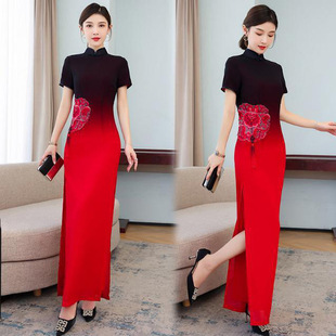 走秀旗袍舞台演出服2024新款复古中国风气质优雅长款开叉改良旗袍