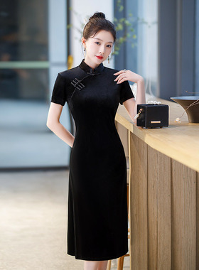 黑色金丝绒改良旗袍2024新款年轻款女复古修身端气质走秀连衣裙