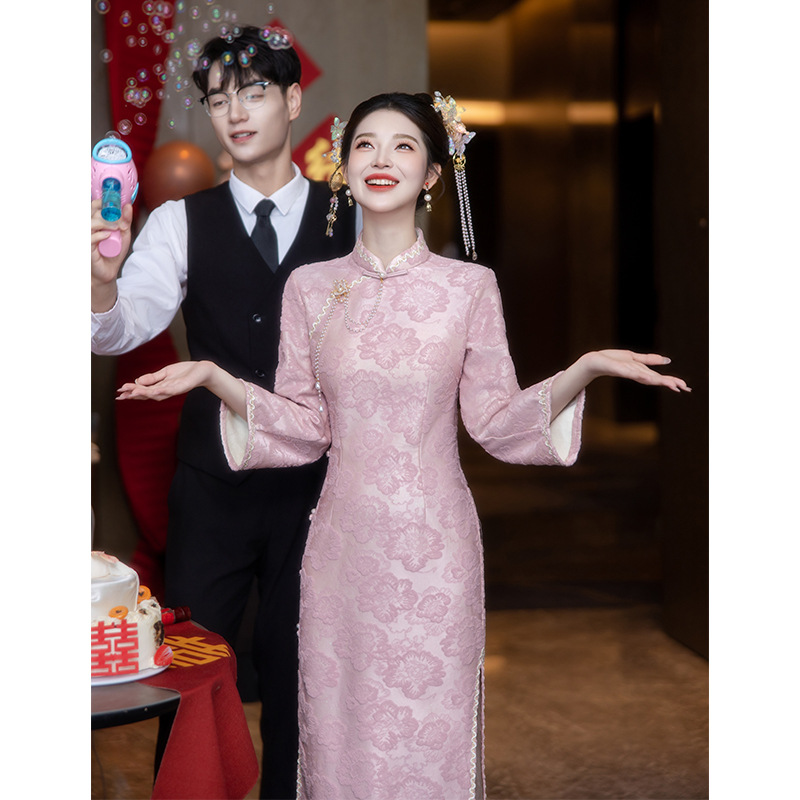 粉色旗袍敬酒服新娘新中式订婚礼服裙结婚回门便装秋冬季日常