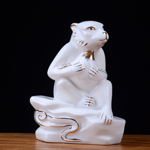 小号陶瓷器猴十二生肖描金猴子招财礼物 白猴摆件 风水办公摆设