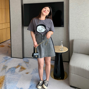 大码女装胖mm2021炸街夏装减龄套装夏天T恤牛仔半身裙显瘦两件套