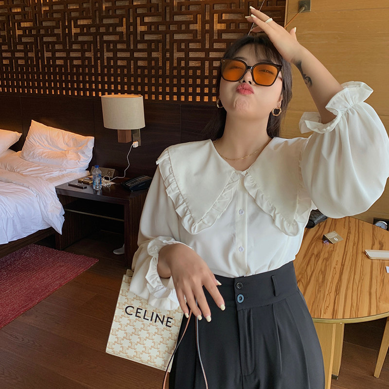 大码女胖mm白色衬衫女春秋微胖妹妹娃娃领设计感小众显瘦雪纺上衣,女装/女士精品,大码内搭,淘宝优惠券,粉丝福利购,淘宝优惠卷