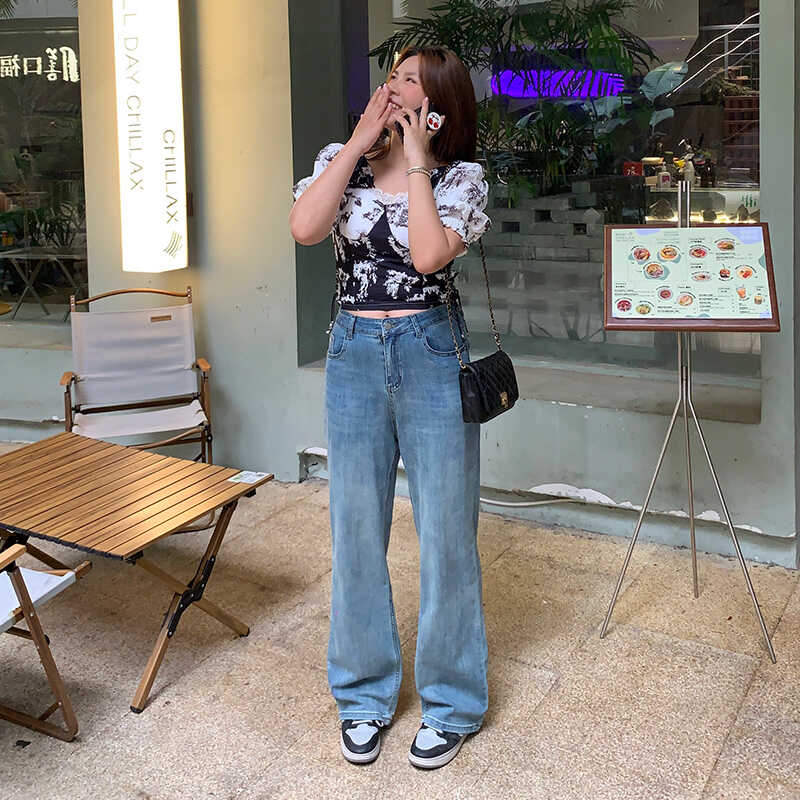 高腰显瘦牛仔裤长裤阔腿裤