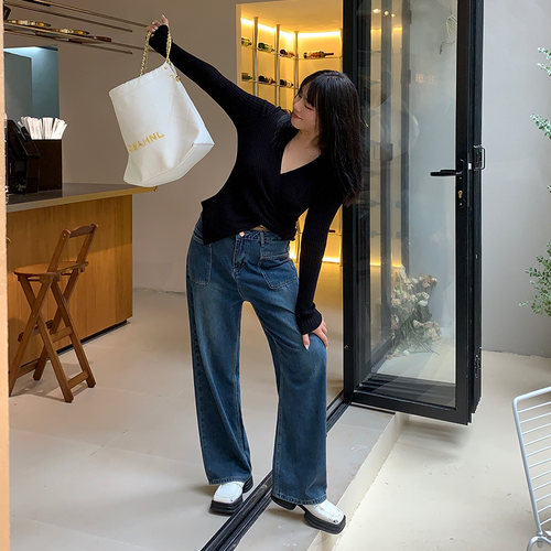 小包菜高腰阔腿牛仔裤女显瘦