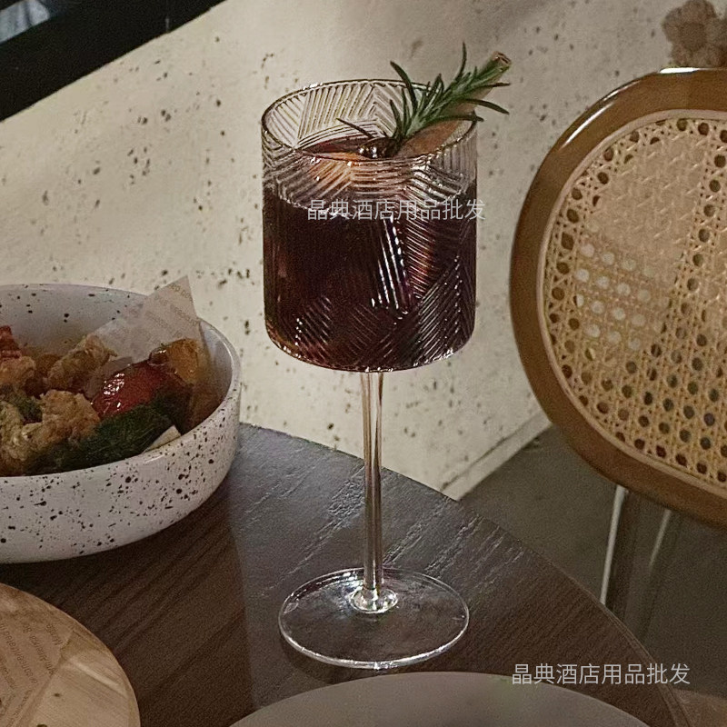 小众复古浮雕直筒高脚杯复古风高颜值香槟杯红酒杯甜酒杯葡萄酒杯
