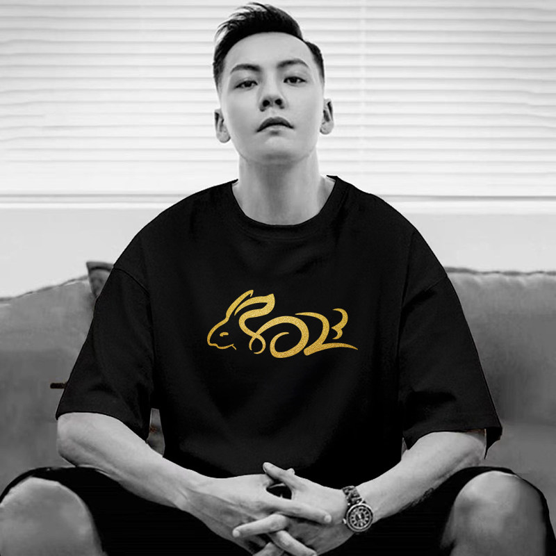 烫金兔子短袖t恤男夏季宽松潮牌情侣装半袖中国风痞帅重磅体恤衫