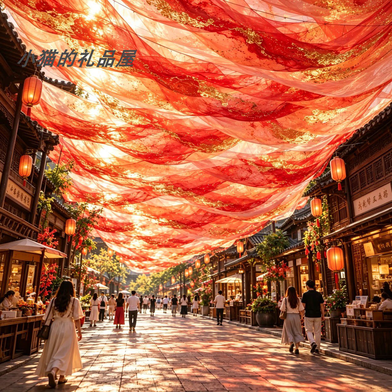 吊顶红纱幔元旦春节商业街空中装饰印花天幕定制景区廊道喜庆美陈