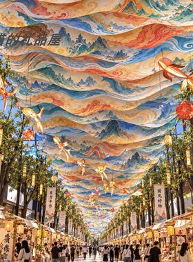 千里江山图风动天幕吊顶纱幔定制