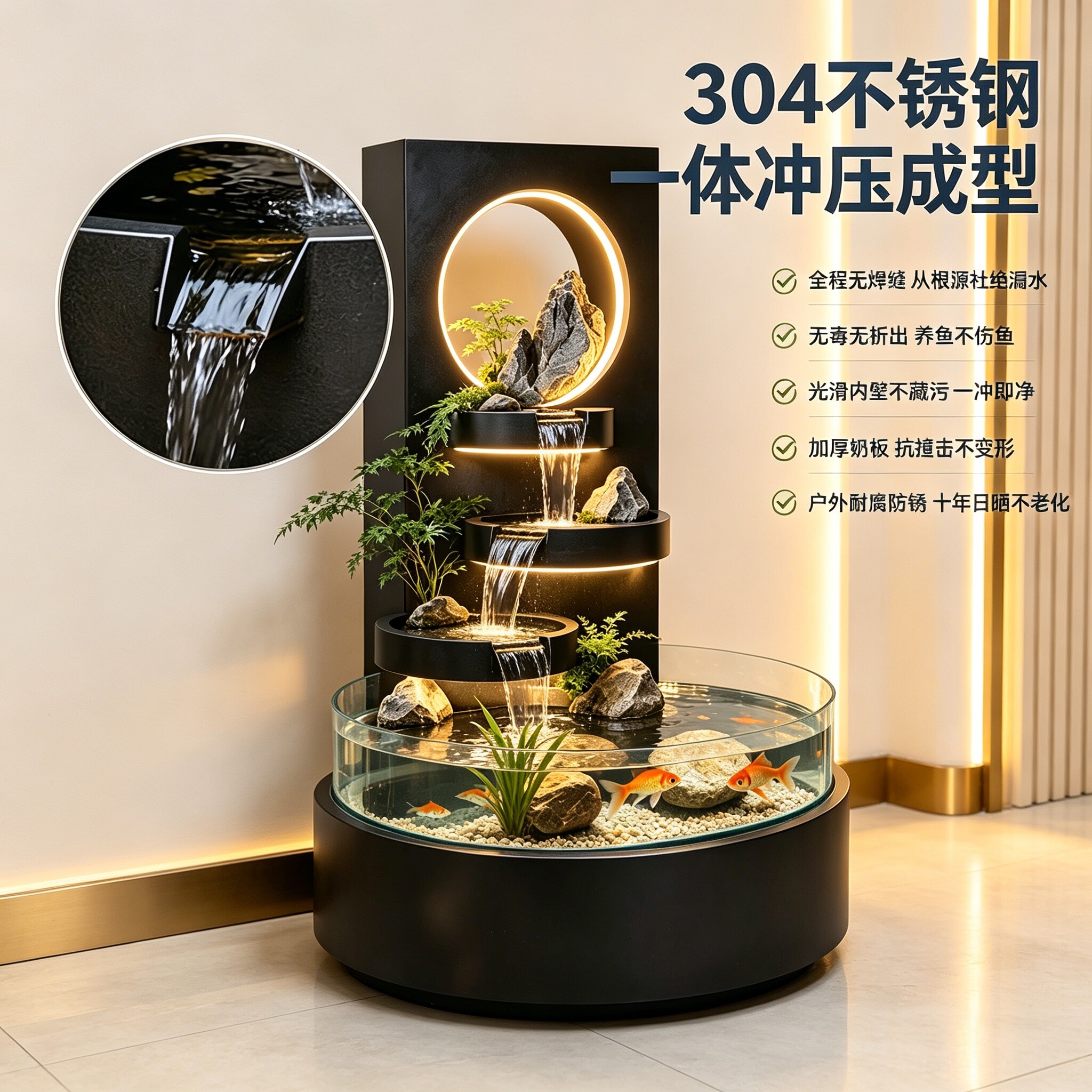 阳台不锈钢鱼缸流水鱼池别墅水景户外庭院露台瀑布喷泉假山摆件