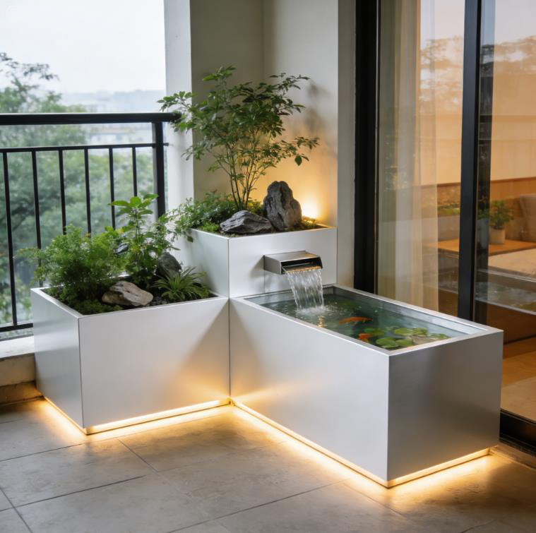 阳台不锈钢鱼池花箱金属流水摆件室外露台庭院水景瀑布镜月池定制