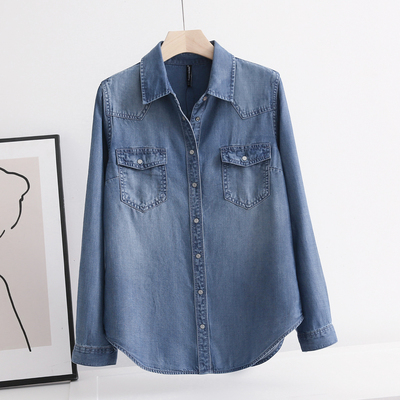收腰天丝牛仔衬衫女高级感