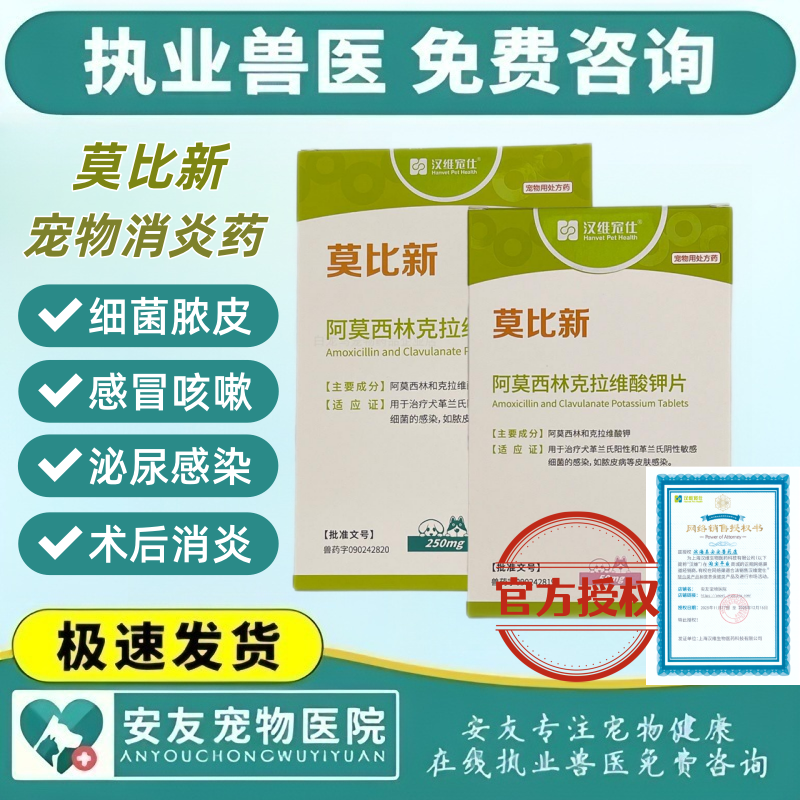 汉维莫比新阿莫西林克拉维酸钾片宠物猫狗感冒消炎药50/250/500mg