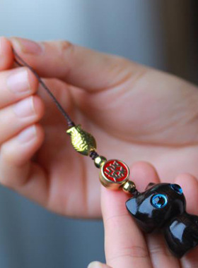 黑檀木小猫手机链可爱猫