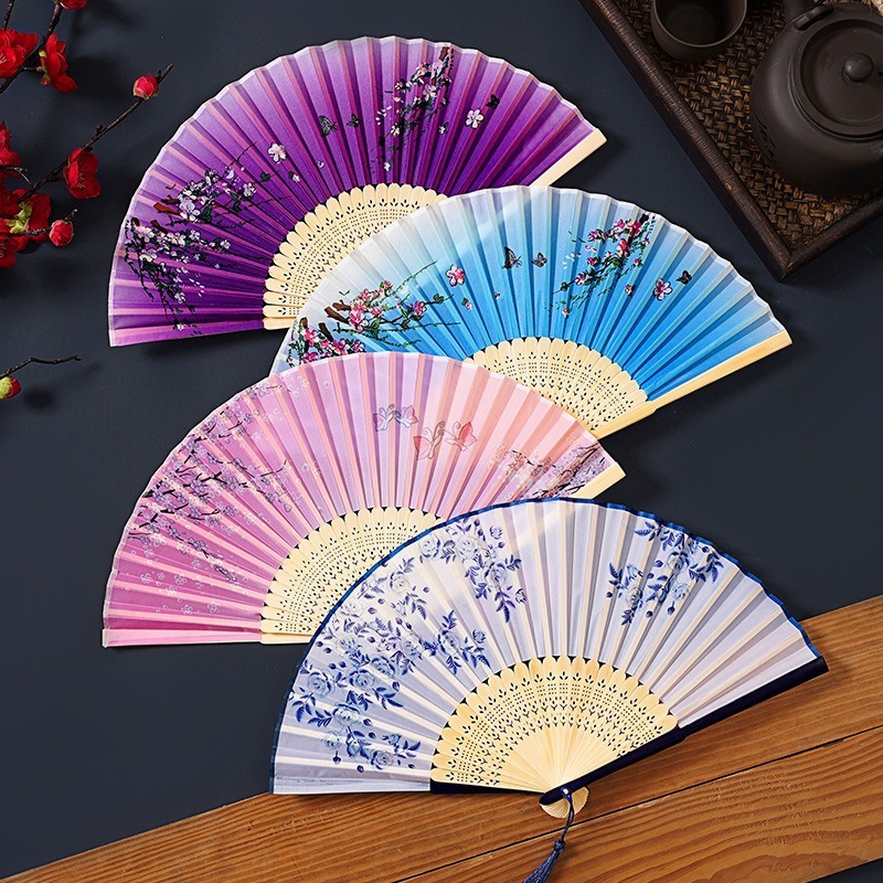 折扇中国风古典绫绢女扇女式古风复古舞蹈扇子汉服拍照道具
