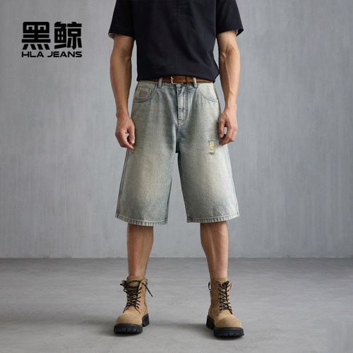 半松紧裤腰 破洞设计 弧形插袋