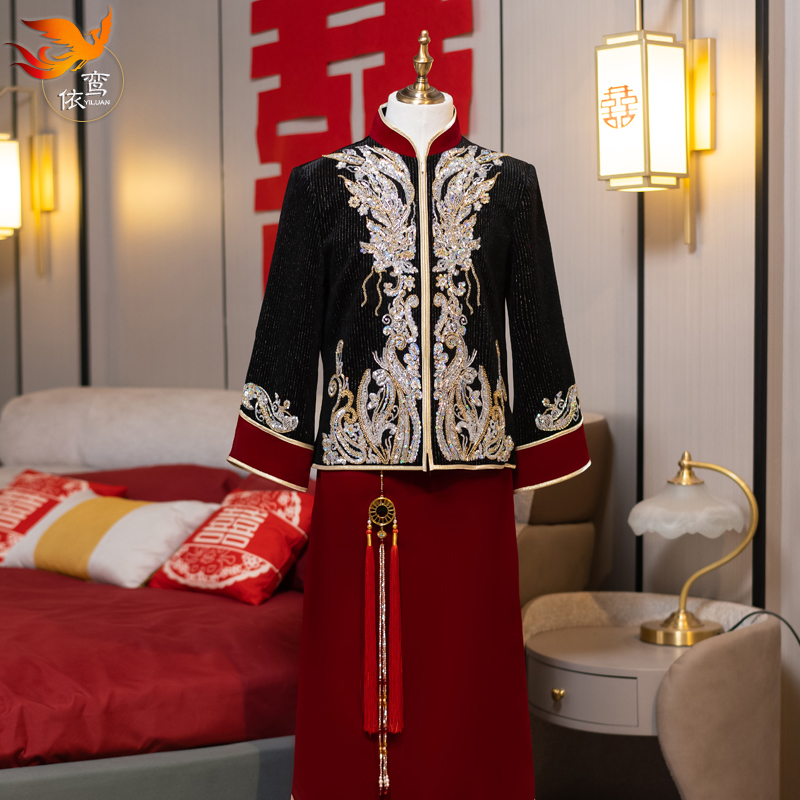 秀禾服男士黑色2025新款中式新郎结婚礼服唐装汉服龙凤褂敬酒服男