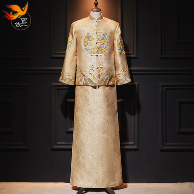 秀禾服男士新郎装中式香槟色接亲
