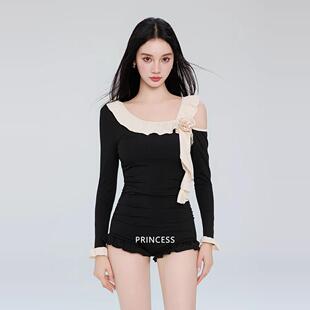 在逃公主连体泳衣女成人显瘦保守女孩遮肉黑色2024新款 泡温泉 爆款