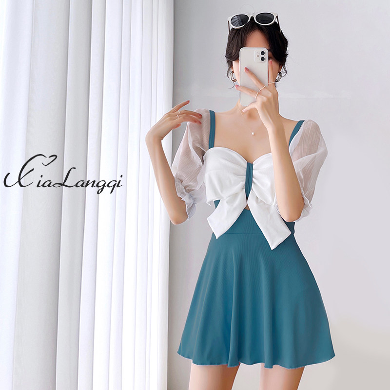 泳衣女微胖女孩保守大码胖mm200斤温泉显瘦遮肚短袖钢圈分体裙式