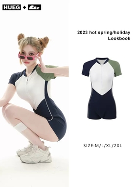 HUEG极酷平角运动连体泳衣女温泉短袖保守高级感显瘦游泳衣网红风