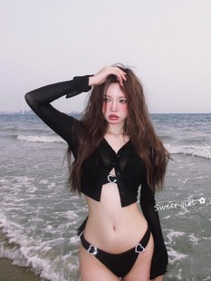 三件套小胸辣妹风温泉度假泳衣女 衬衫 性感黑色比基尼长袖 呆呆同款