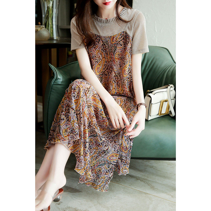 FRENCH HIGH-END CHIFFON FLORAL DRESS SUMMER ELEGANT TEMPERAMENT STITCHING FAKE TWO-PIECE MIDI SKIRT MERMAID SKIRT WOMEN