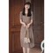 JAPANESE HIGH-END MOCHA BROWN CHIFFON DRESS SUMMER THIN WAIST THIN WAIST ELEGANT TEMPERAMENT PUFF SLEEVE MIDI SKIRT