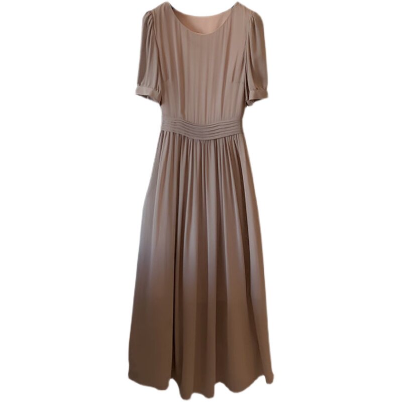 JAPANESE HIGH-END MOCHA BROWN CHIFFON DRESS SUMMER THIN WAIST THIN WAIST ELEGANT TEMPERAMENT PUFF SLEEVE MIDI SKIRT