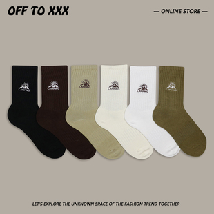 运动中筒袜男女 风潮流时尚 户外山系美式 复古露营雪山刺绣袜子工装