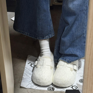 增高厚底毛毡加绒复古勃肯鞋2025新款百搭保暖一脚蹬包头棉鞋子女