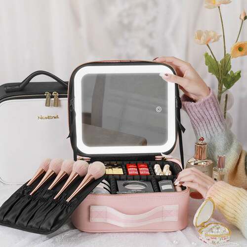 Cosmetic Bag with Light Full Screen Mirror Cosmetic Storage