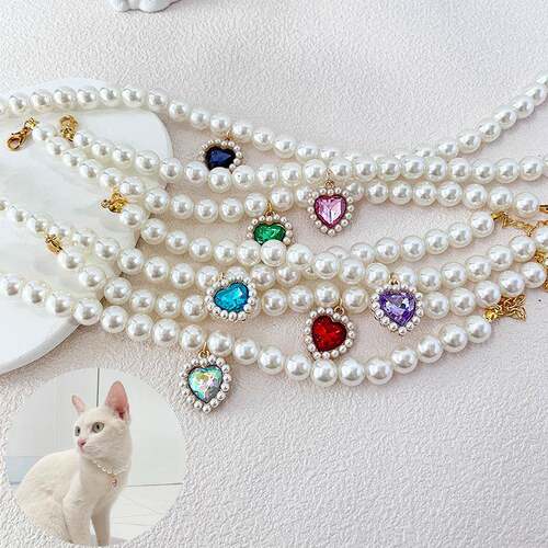 Kitten Pearl Necklace Gem Love Pendant Vintage Crystal Dog