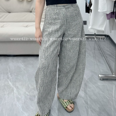 無二｜By carrie粉标轻薄褶皱弯刀格子休闲裤棉麻茧型显瘦进口料