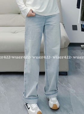 無二｜土耳其纯棉时尚压花工装风牛仔裤水洗浅蓝色高腰直筒牛仔裤