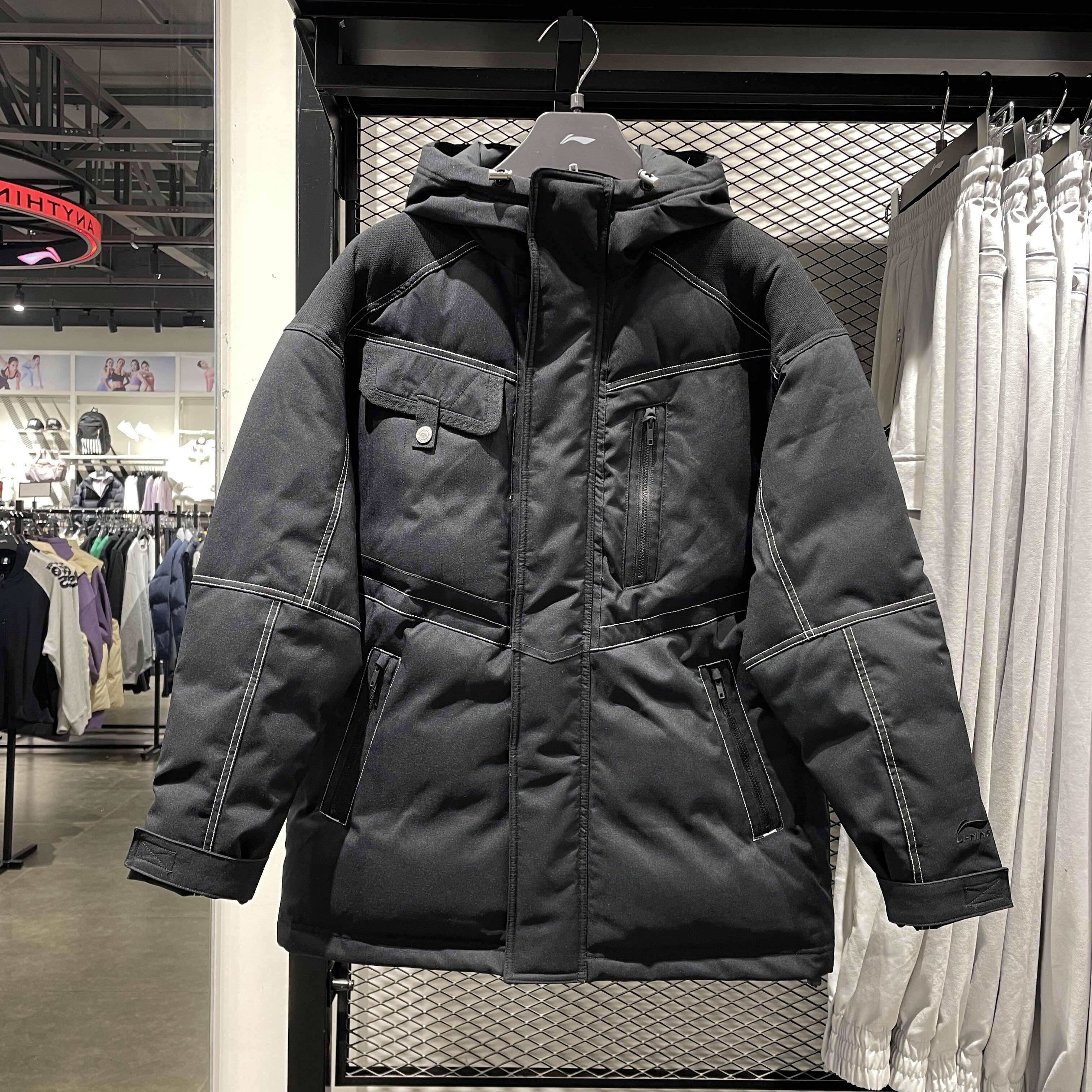 李宁2023冬款新品男子运动潮流宽松连帽保暖中羽绒服AYMT067