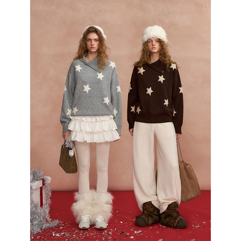 SOMESOWE 不规则翻领星星毛衣
