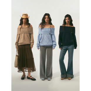 SOMESOWE 氛围感菱格镂空露肩毛衣