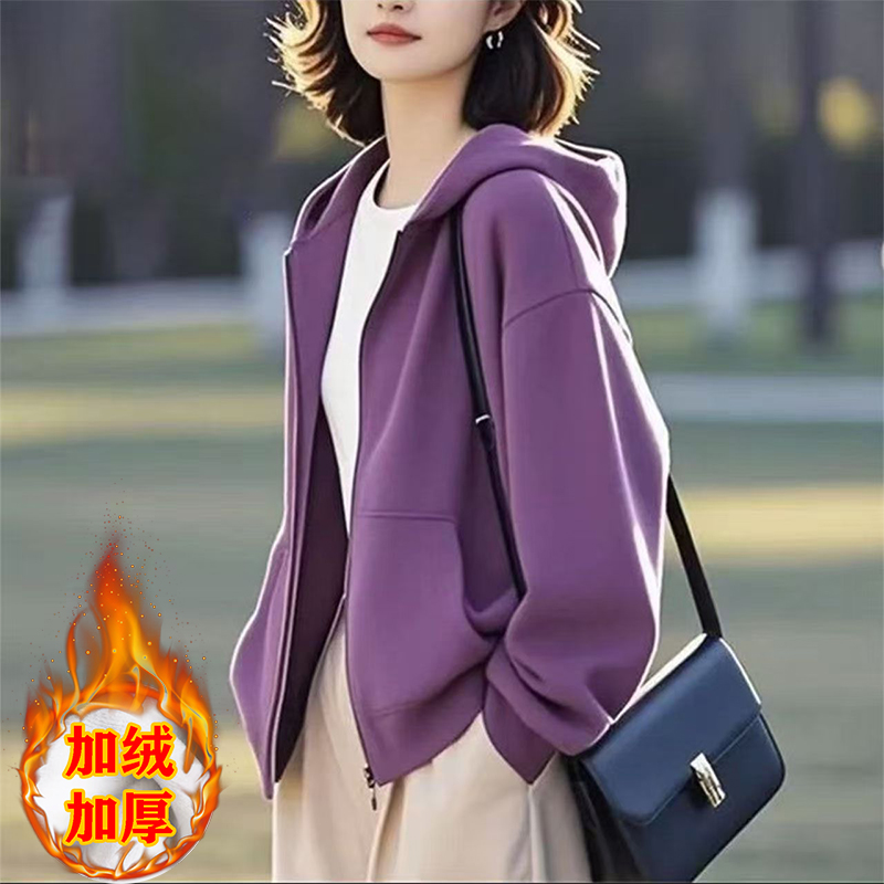 加绒加厚连帽开衫卫衣女冬新款保暖减龄长袖时尚舒适休闲短款外套