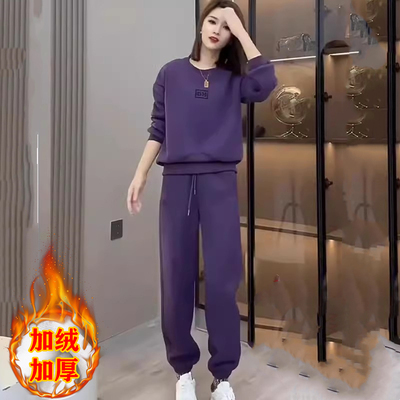 秋冬季时尚百搭气质休闲运动宽松加绒加厚女士卫衣长裤两件套装女