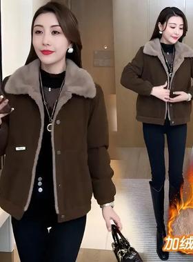 灯芯绒加绒外套女短款2025秋冬新款中老年妈妈休闲宽松加厚夹克衫