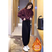 宽松显瘦 运动服秋冬新款 女大码 休闲百搭时尚 加绒加厚圆领卫衣套装