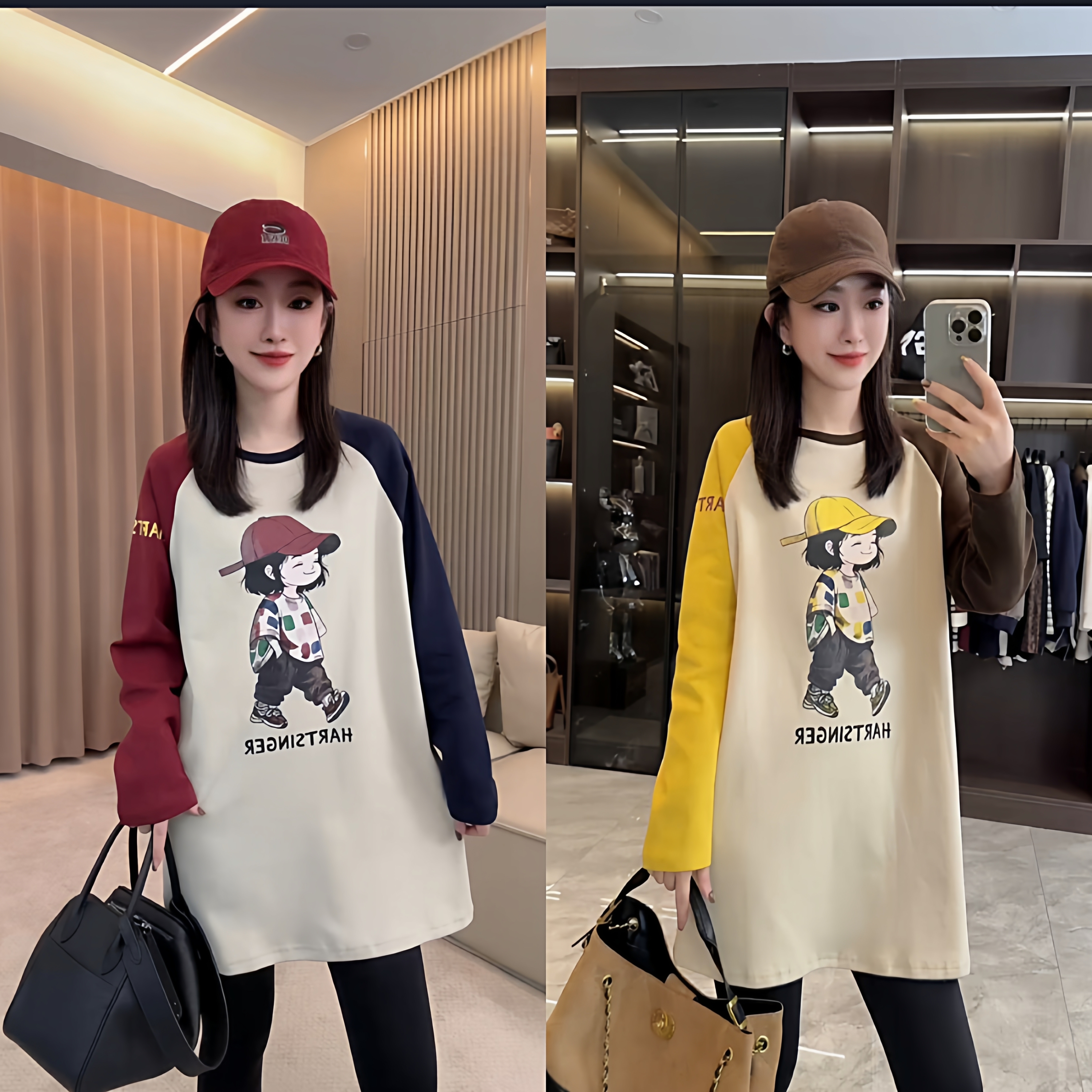 休闲撞色时尚圆领落肩宽松显瘦欧货中长款遮屁股长袖卫衣秋季新款