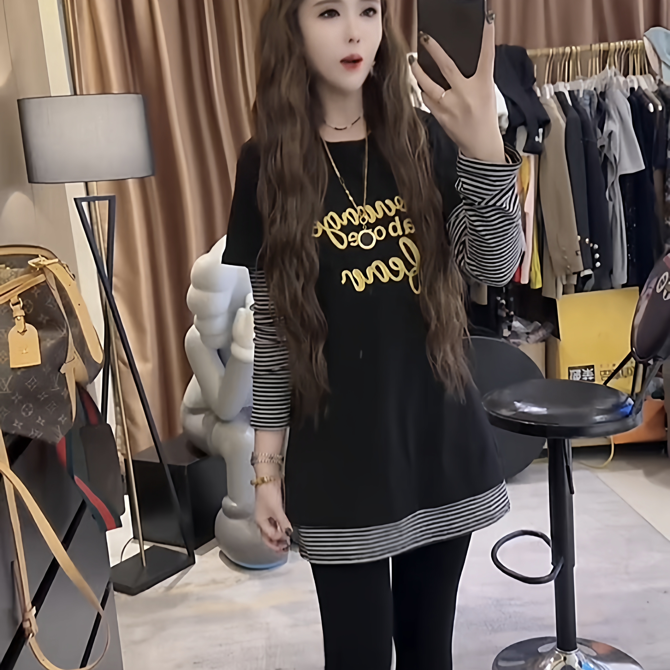 休闲风撞色设计修身显瘦中长款遮屁股假两件长袖卫衣2025秋季新款