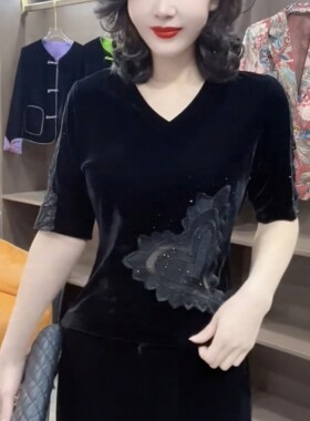 法式修身短袖丝绒V领T恤小衫女百搭打底衫金丝绒蕾丝镂空黑色上衣
